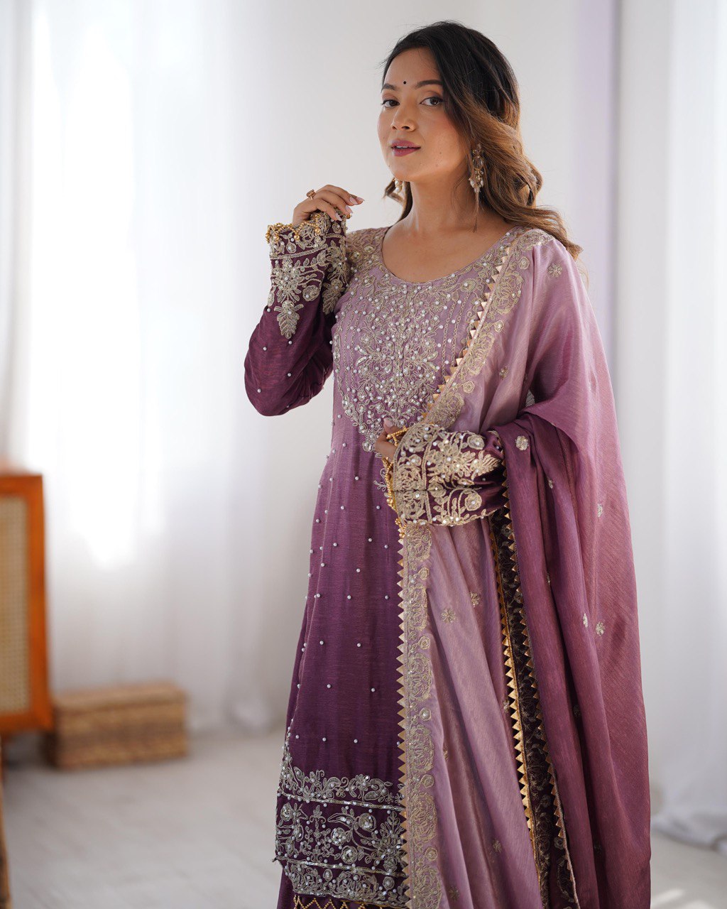 Elegant Chinon Silk Top with Coding Dori Sequin and Rivet Moti Work Plazzo Suit - Jaipuri Vastra