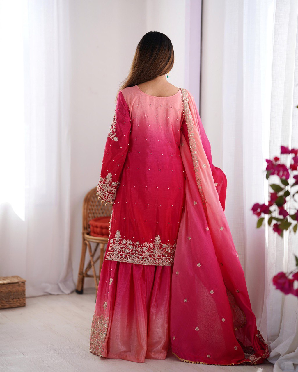 Elegant Chinon Silk Top with Coding Dori Sequin and Rivet Moti Work Plazzo Suit - Jaipuri Vastra