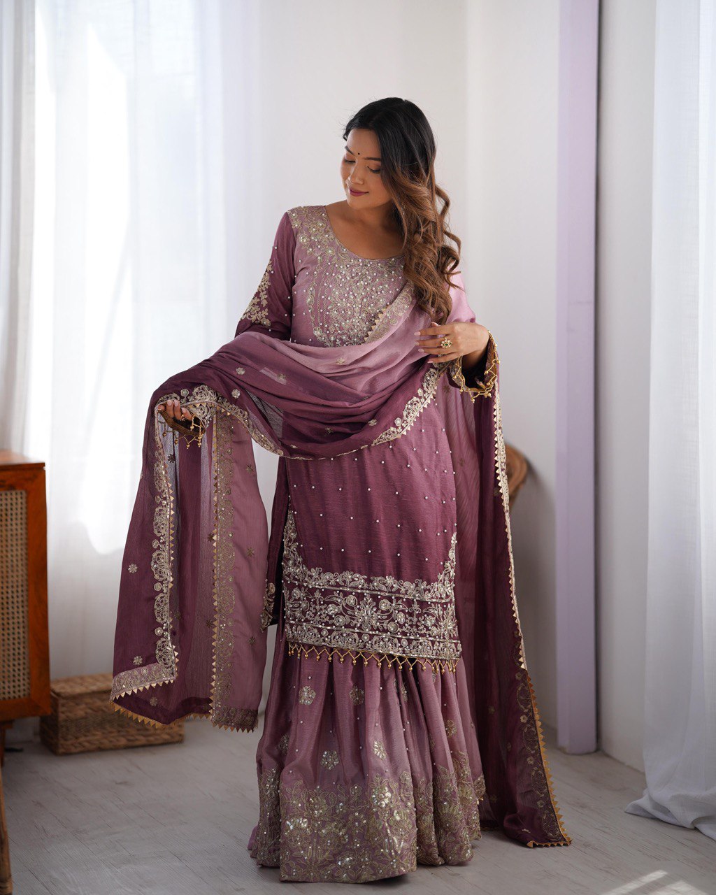 Elegant Chinon Silk Top with Coding Dori Sequin and Rivet Moti Work Plazzo Suit - Jaipuri Vastra