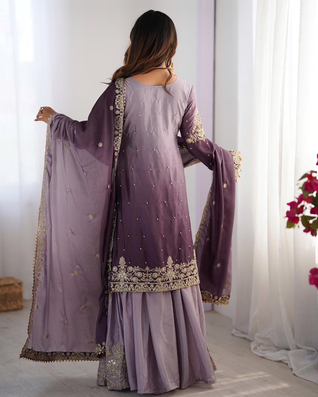 Elegant Chinon Silk Top with Coding Dori Sequin and Rivet Moti Work Plazzo Suit - Jaipuri Vastra