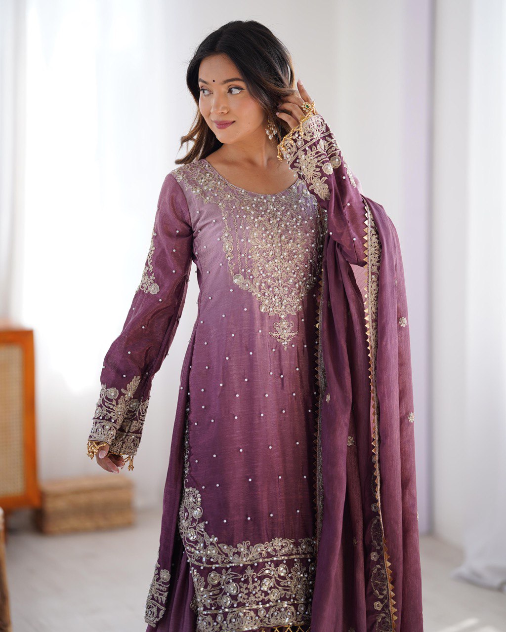 Elegant Chinon Silk Top with Coding Dori Sequin and Rivet Moti Work Plazzo Suit - Jaipuri Vastra