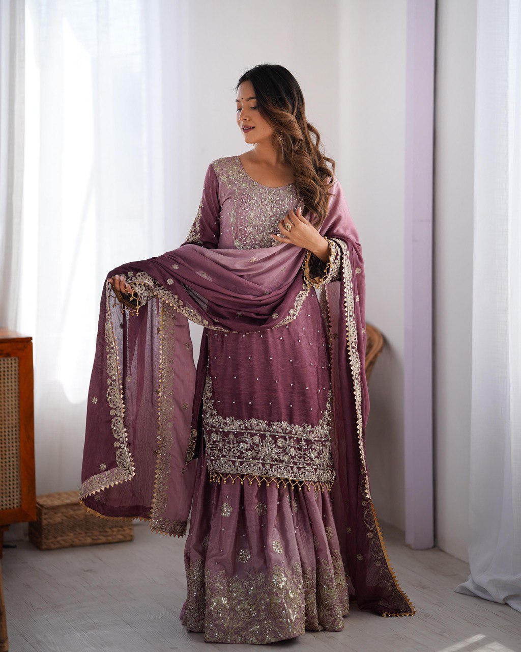 Elegant Chinon Silk Top with Coding Dori Sequin and Rivet Moti Work Plazzo Suit - Jaipuri Vastra