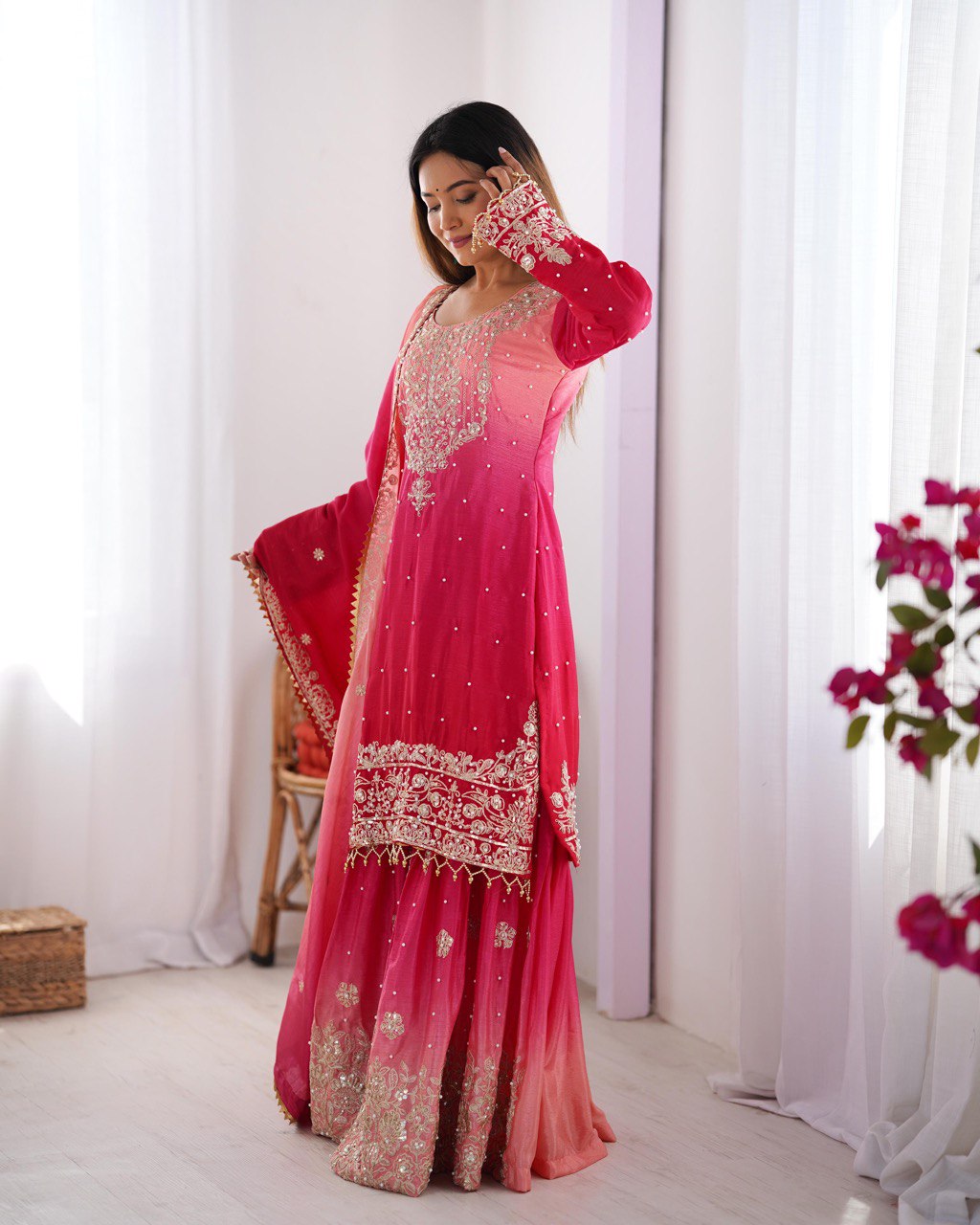 Elegant Chinon Silk Top with Coding Dori Sequin and Rivet Moti Work Plazzo Suit - Jaipuri Vastra