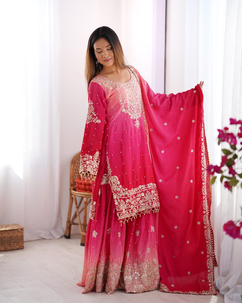Elegant Chinon Silk Top with Coding Dori Sequin and Rivet Moti Work Plazzo Suit - Jaipuri Vastra