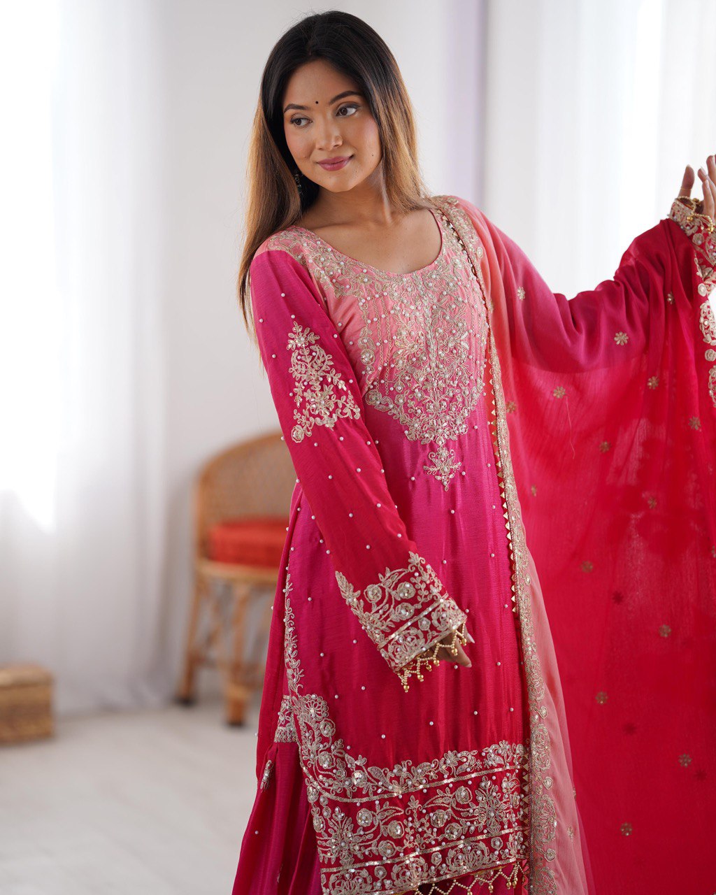 Elegant Chinon Silk Top with Coding Dori Sequin and Rivet Moti Work Plazzo Suit - Jaipuri Vastra