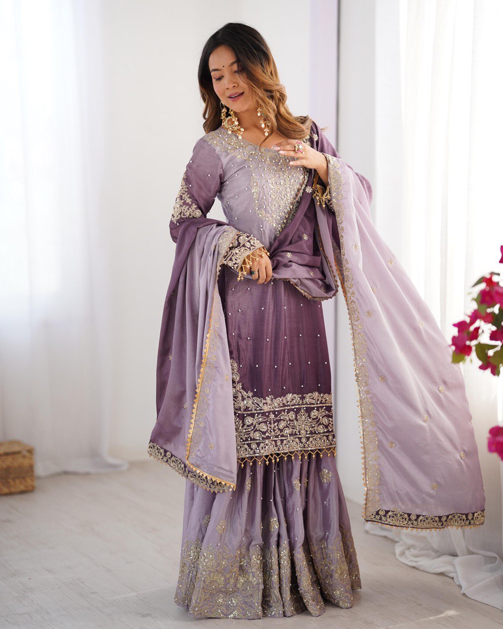 Elegant Chinon Silk Top with Coding Dori Sequin and Rivet Moti Work Plazzo Suit - Jaipuri Vastra