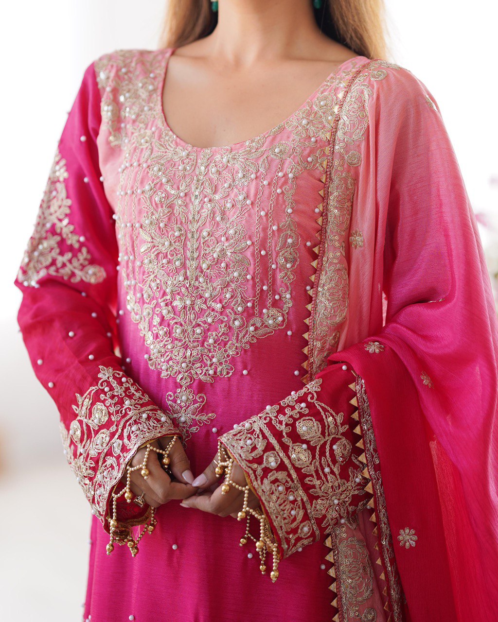 Elegant Chinon Silk Top with Coding Dori Sequin and Rivet Moti Work Plazzo Suit - Jaipuri Vastra