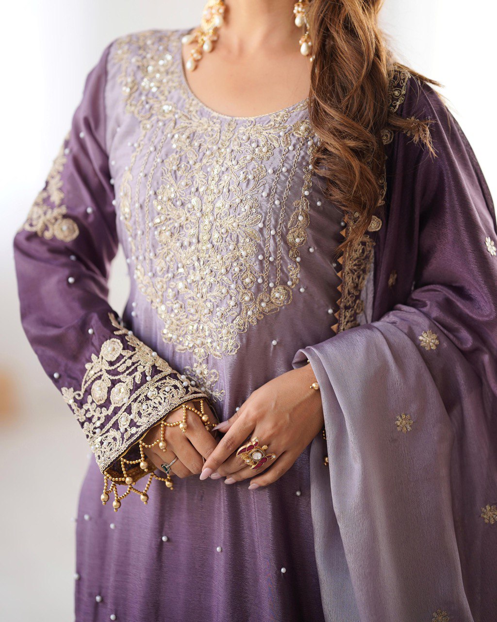 Elegant Chinon Silk Top with Coding Dori Sequin and Rivet Moti Work Plazzo Suit - Jaipuri Vastra