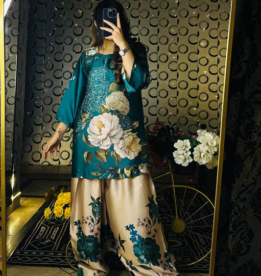 Modern Flair Meets Tradition in Natural Crepe Silk Digital Print Top Bottom and Dupatta