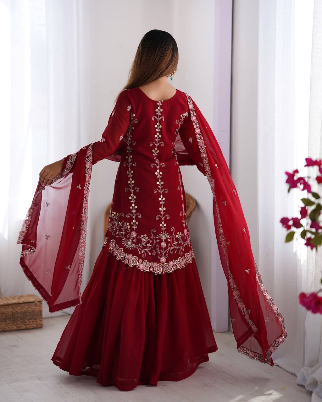 Premium Faux Georgette Sharara Suit with Thread Sequin Work and Dupatta - Jaipuri Vastra