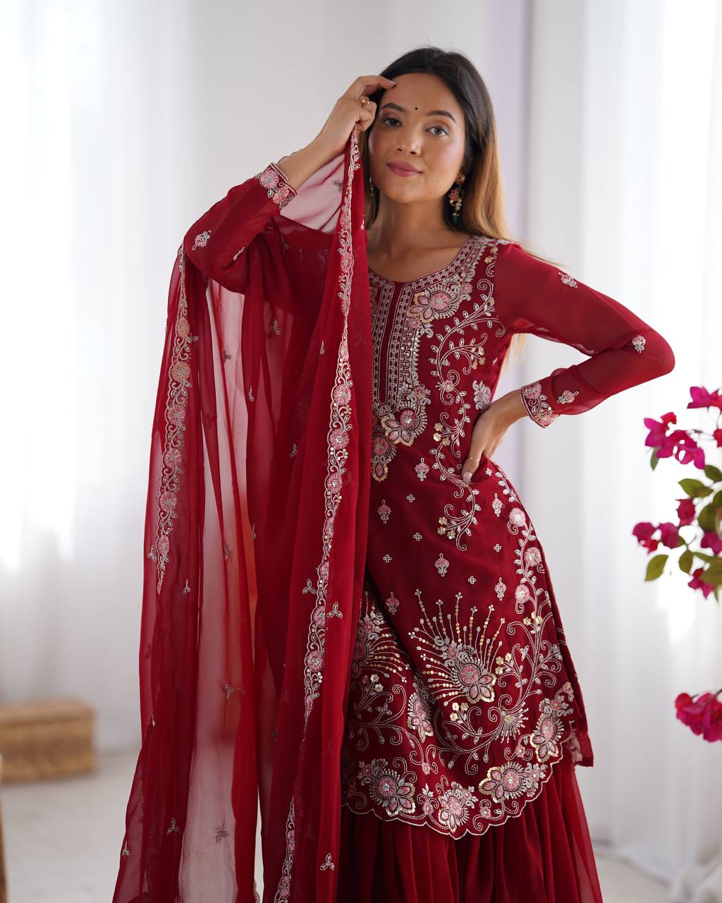 Premium Faux Georgette Sharara Suit with Thread Sequin Work and Dupatta - Jaipuri Vastra