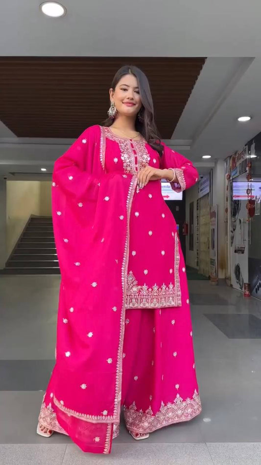 Elegant Dark Pink Kurti Palazzo Set in Faux Georgette Featuring Thread and Sequin Embroidery