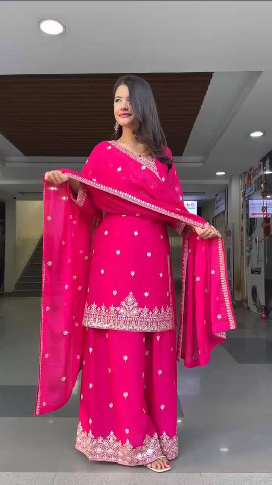 Elegant Dark Pink Kurti Palazzo Set in Faux Georgette Featuring Thread and Sequin Embroidery