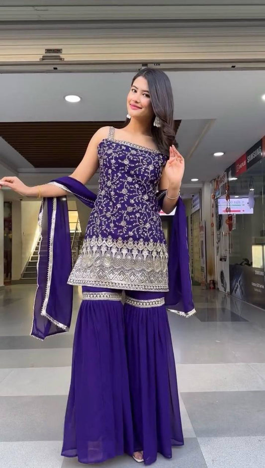 Faux Georgette Sharara Set with Thread & Sequin Work and Matching Dupatta