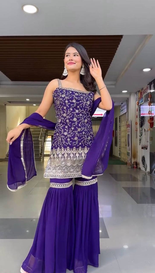 Faux Georgette Sharara Set with Thread & Sequin Work and Matching Dupatta