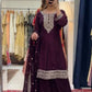 Wine Color Chinon Silk Thread & Sequin Embroidered Top with Plazo and Dupatta Set