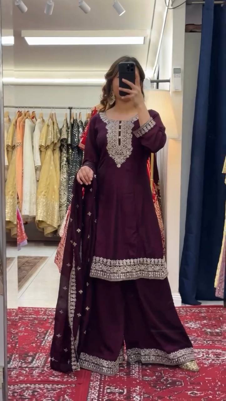 Wine Color Chinon Silk Thread & Sequin Embroidered Top with Plazo and Dupatta Set