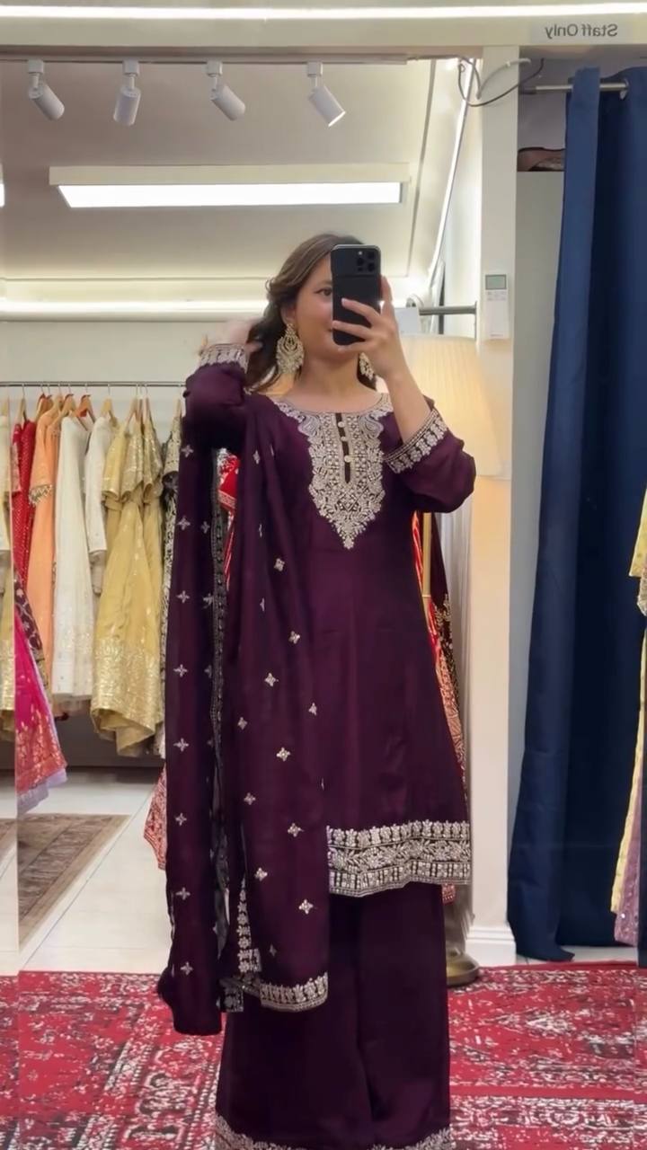 Wine Color Chinon Silk Thread & Sequin Embroidered Top with Plazo and Dupatta Set