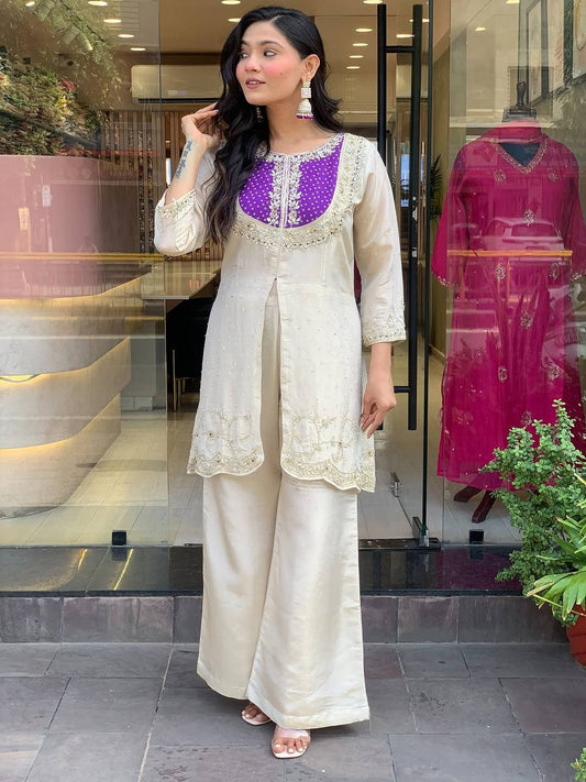 Elegant Cord Set with Embroidery Coding Sequence and Beadwork on Roman Shimmer Silk