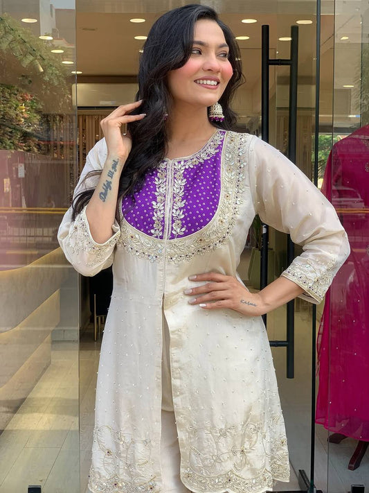 Elegant Cord Set with Embroidery Coding Sequence and Beadwork on Roman Shimmer Silk