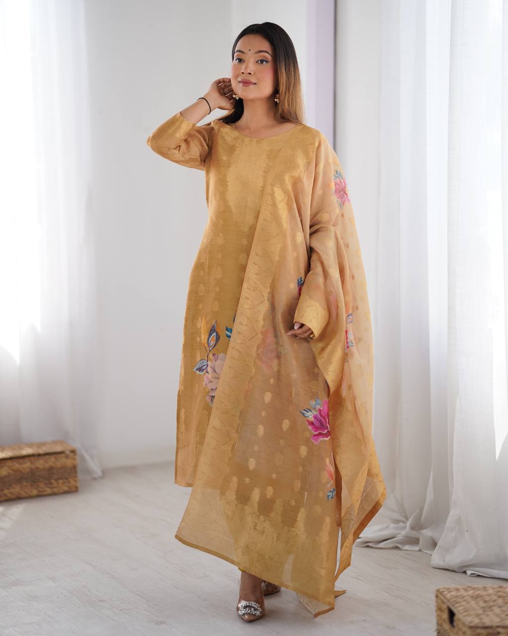Chanderi Silk Digital Print and Jacquard Work Top with Pant and Dupatta Set - Jaipuri Vastra