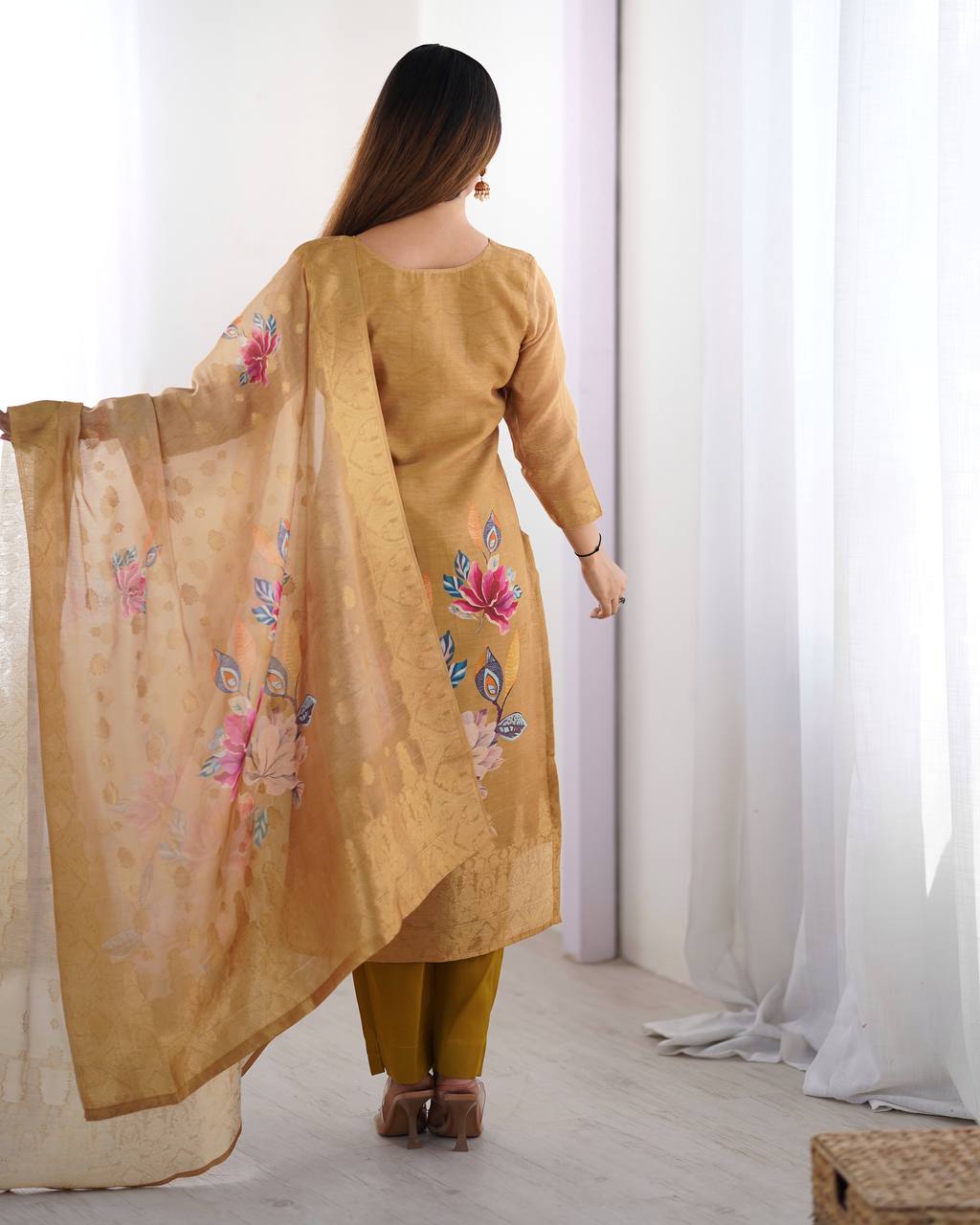 Chanderi Silk Digital Print and Jacquard Work Top with Pant and Dupatta Set - Jaipuri Vastra