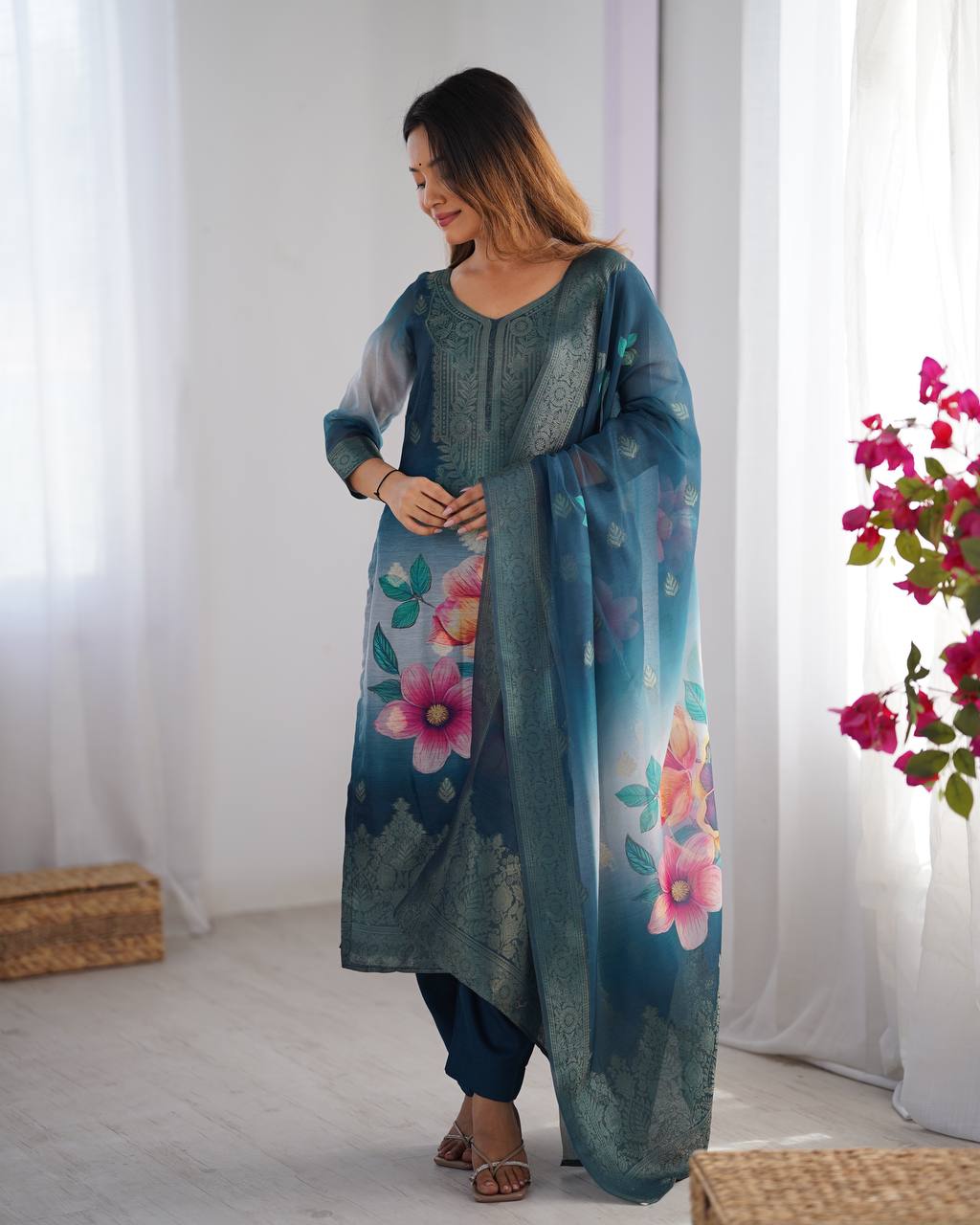 Chanderi Silk Digital Print and Jacquard Work Top with Pant and Dupatta Set - Jaipuri Vastra