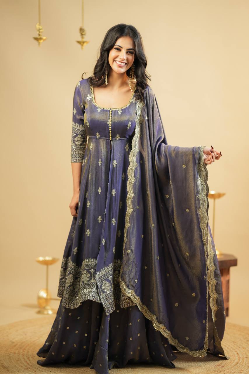 Premium Embroidered Anarkali Suit Set with Semi-Stitched Cosmo Lehenga and Dupatta - Jaipuri Vastra