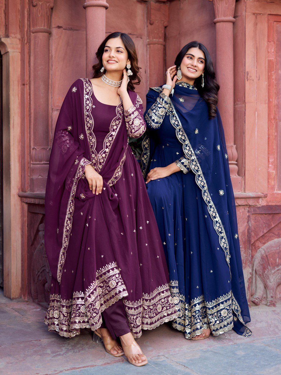 Faux Georgette Gown with Full Thread and Sequin Work Front and Back, Pant and Dupatta Set - Jaipuri Vastra