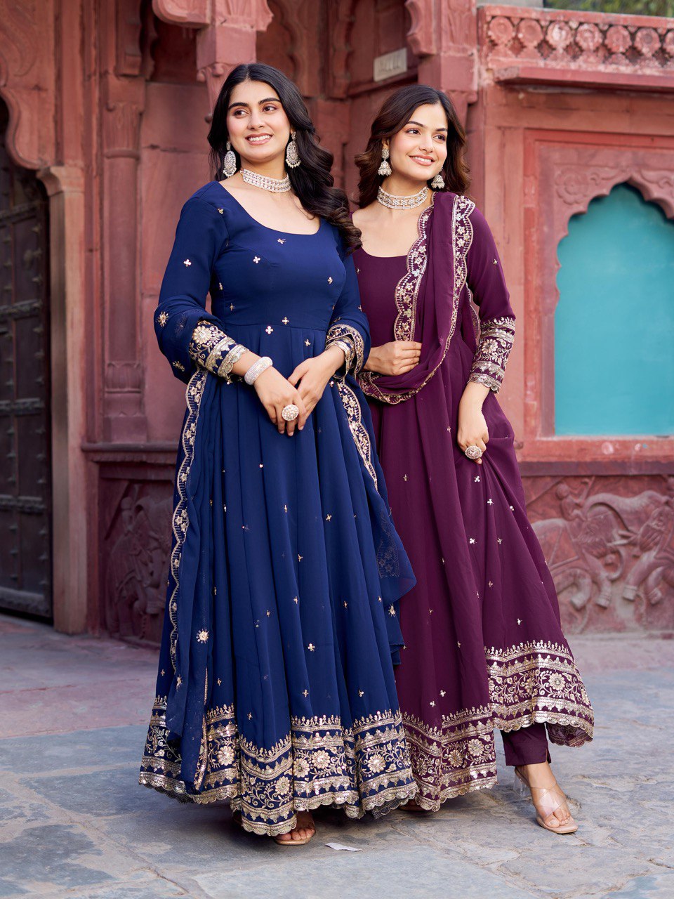Faux Georgette Gown with Full Thread and Sequin Work Front and Back, Pant and Dupatta Set - Jaipuri Vastra