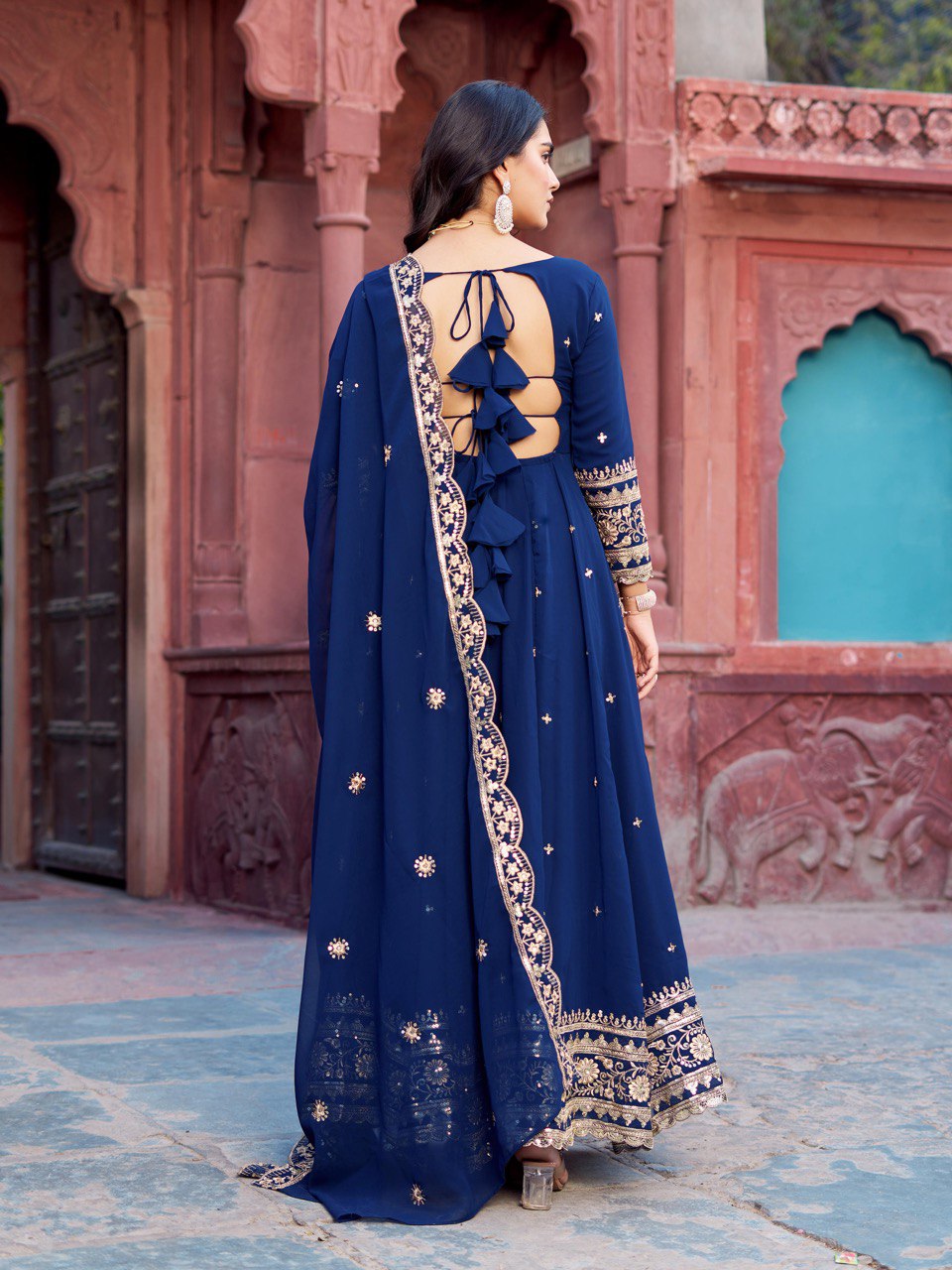 Faux Georgette Gown with Full Thread and Sequin Work Front and Back, Pant and Dupatta Set - Jaipuri Vastra