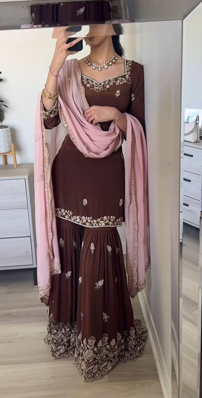 Luxurious Party Outfit with Heavy Embroidered Faux Georgette Top Plazzo and Matching Dupatta