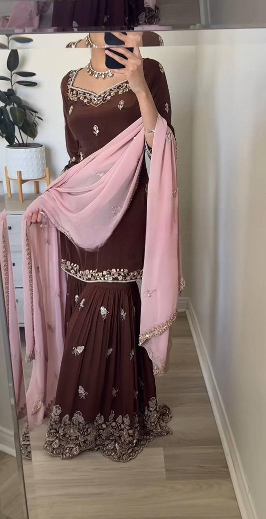 Luxurious Party Outfit with Heavy Embroidered Faux Georgette Top Plazzo and Matching Dupatta