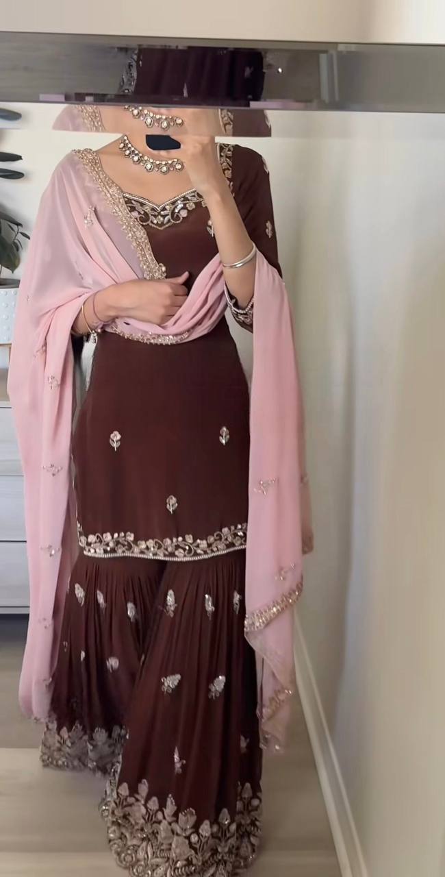 Luxurious Party Outfit with Heavy Embroidered Faux Georgette Top Plazzo and Matching Dupatta