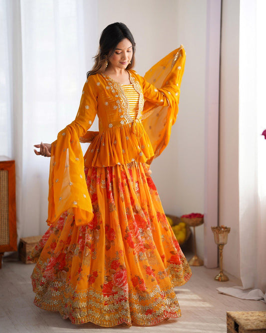 Digital Print Faux Georgette Lehenga with Thread Sequin Work and Matching Dupatta - Jaipuri Vastra