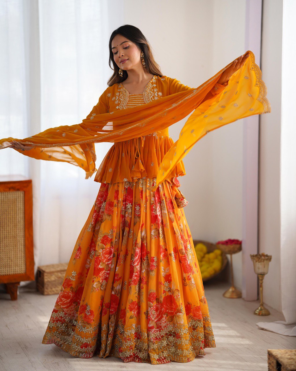 Digital Print Faux Georgette Lehenga with Thread Sequin Work and Matching Dupatta - Jaipuri Vastra