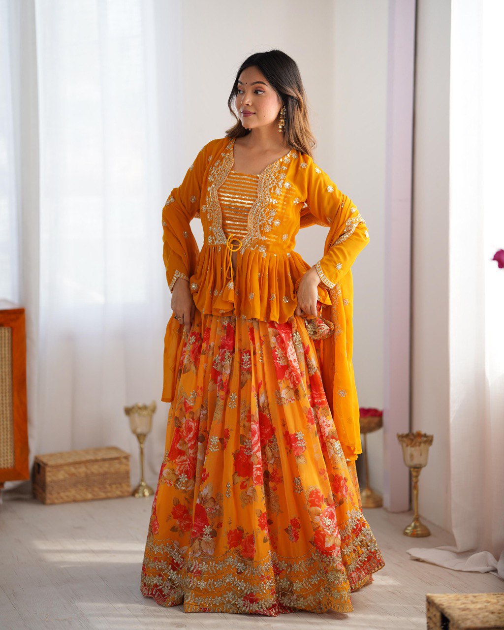 Digital Print Faux Georgette Lehenga with Thread Sequin Work and Matching Dupatta - Jaipuri Vastra