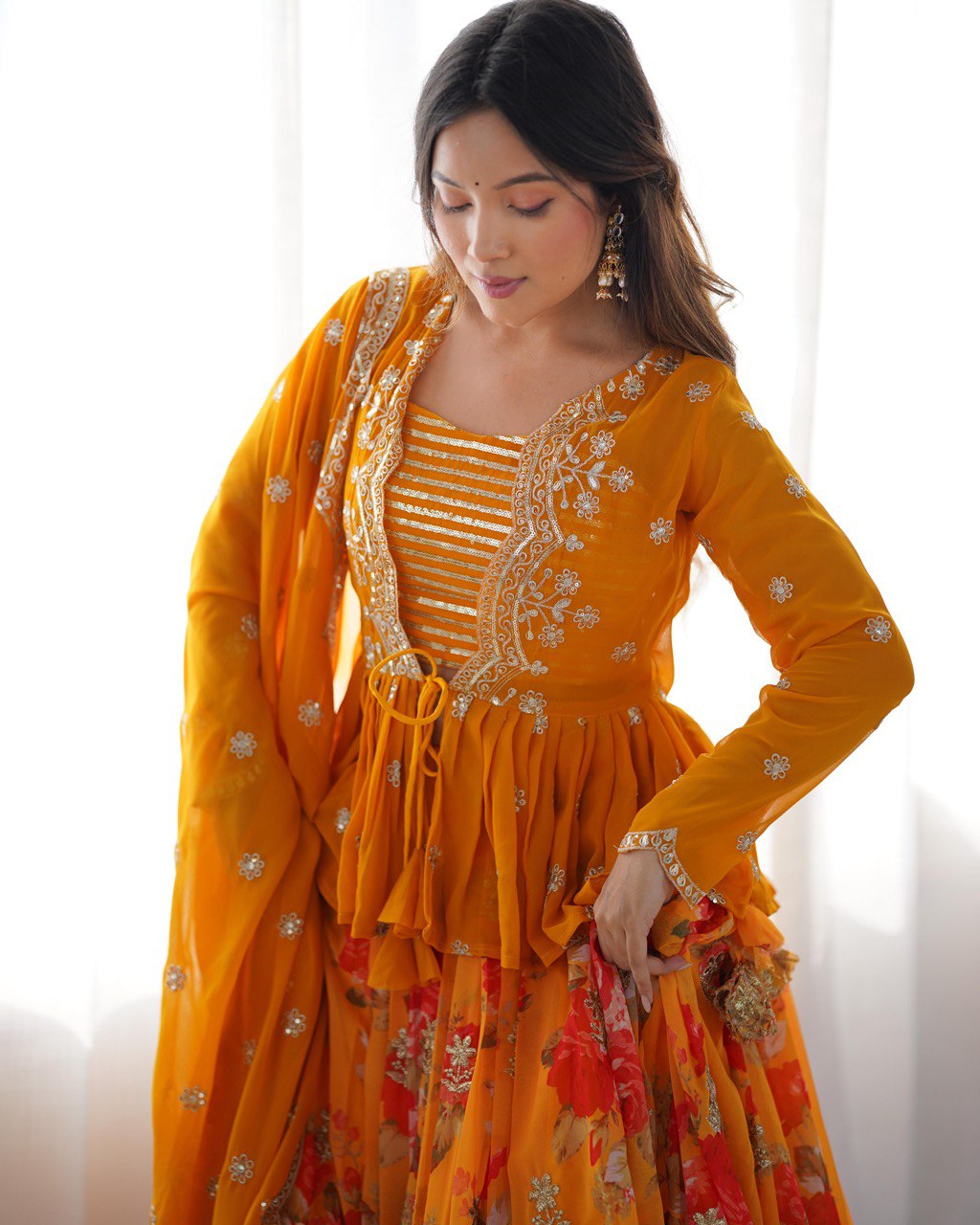 Digital Print Faux Georgette Lehenga with Thread Sequin Work and Matching Dupatta - Jaipuri Vastra