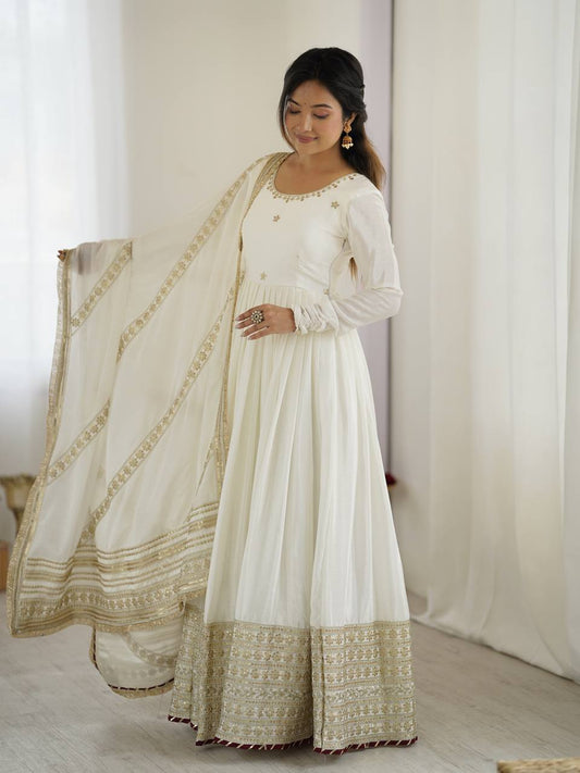 Elegant Chinon Silk Embroidered Gown with Plain Pant and Thread Work Dupatta - Jaipuri Vastra