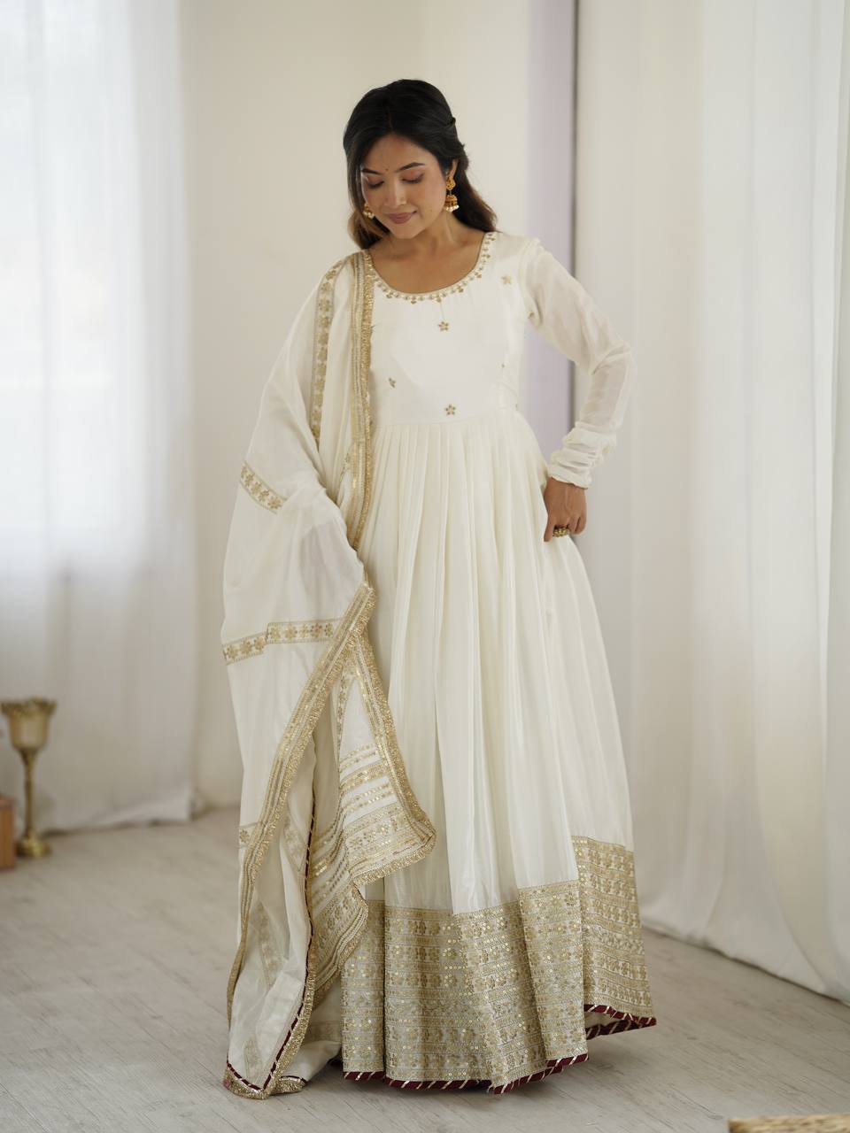 Elegant Chinon Silk Embroidered Gown with Plain Pant and Thread Work Dupatta - Jaipuri Vastra