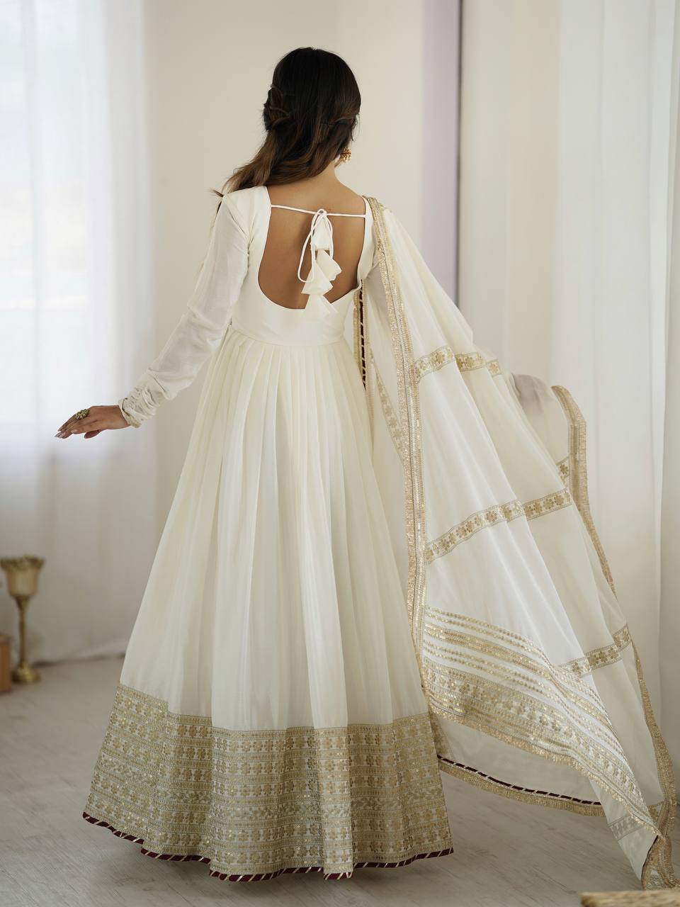 Elegant Chinon Silk Embroidered Gown with Plain Pant and Thread Work Dupatta - Jaipuri Vastra