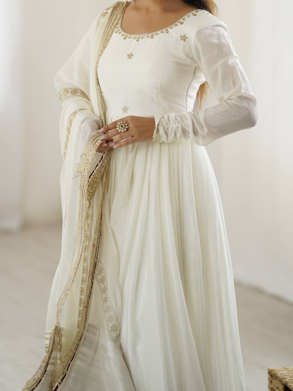 Elegant Chinon Silk Embroidered Gown with Plain Pant and Thread Work Dupatta - Jaipuri Vastra