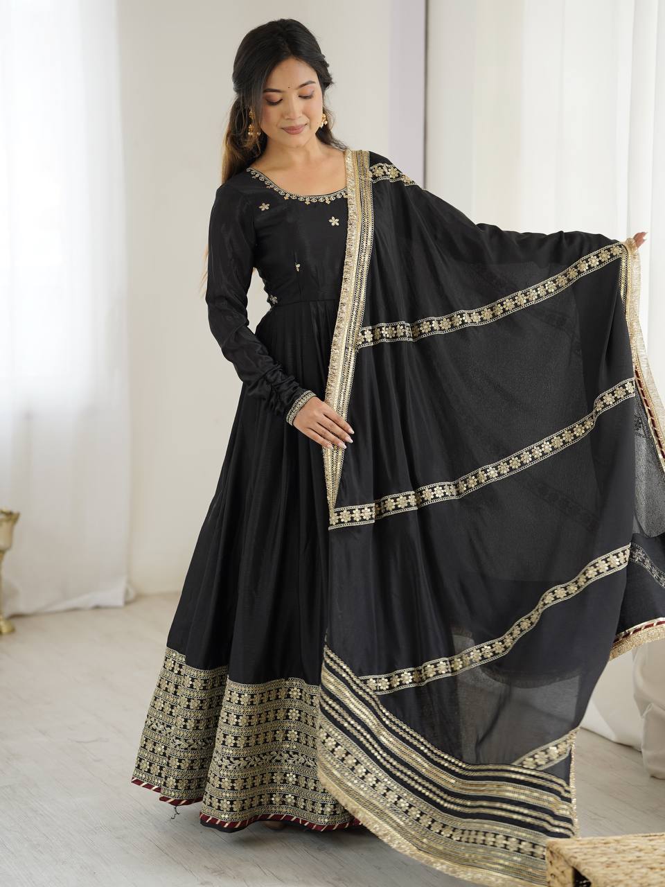Elegant Chinon Silk Embroidered Gown with Plain Pant and Thread Work Dupatta - Jaipuri Vastra