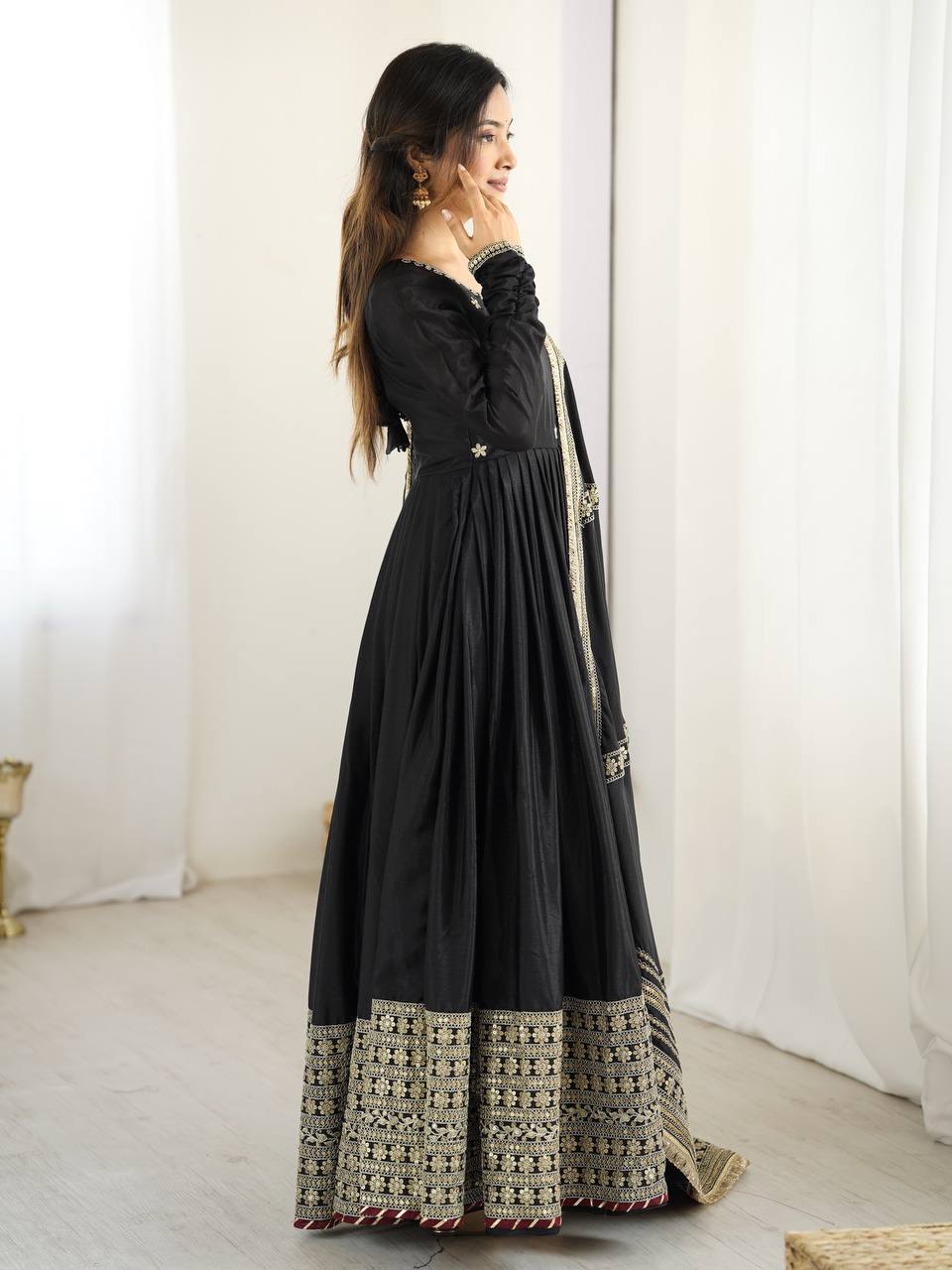 Elegant Chinon Silk Embroidered Gown with Plain Pant and Thread Work Dupatta - Jaipuri Vastra
