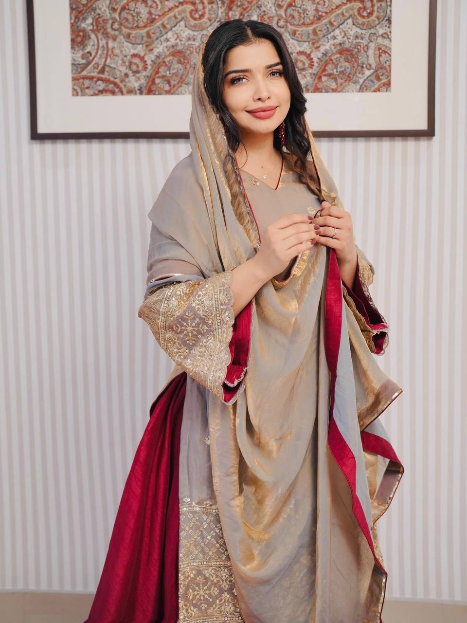 Luxury Ensemble with Full Sleeve Embroidered Top and Flared French Crepe Silk Lehenga