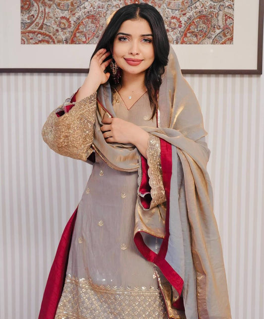 Luxury Ensemble with Full Sleeve Embroidered Top and Flared French Crepe Silk Lehenga
