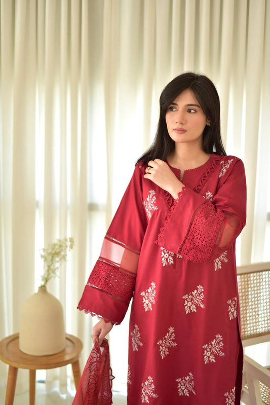 Exclusive Designer Suit in Roman Silk with Embroidered Top and Matching Pant, Silver Chiffon Dupatta