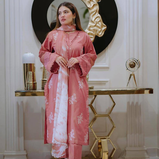 Exclusive Designer Suit in Roman Silk with Embroidered Top and Matching Pant, Silver Chiffon Dupatta