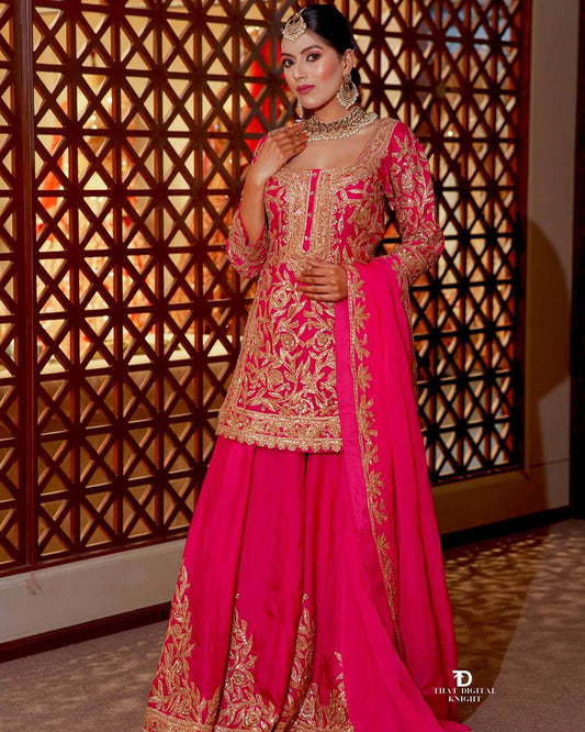 Fancy Dupatta with Party Wear Top and Plazzo in Heavy Embroidered Chinon Silk