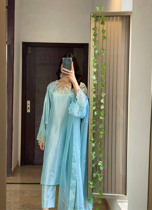 Designer 3-Piece Suit in Moss Satin with Beads & Sequin Work and Organza Dupatta